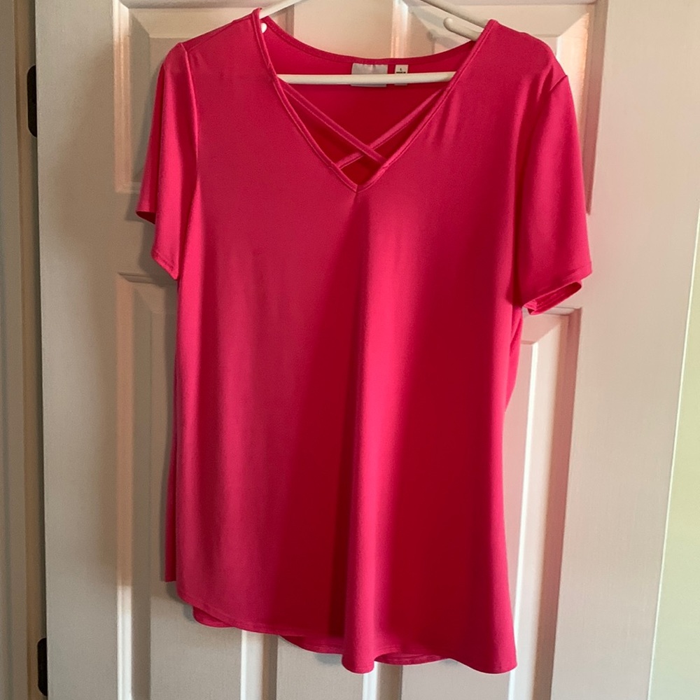 Kim Rogers blouse -vibrant pink, soft, versatile top. Unique neckline.